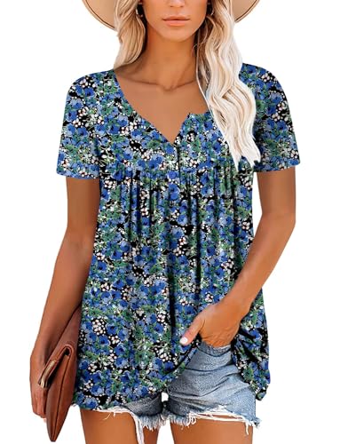 ROSELINLIN Summer Tops for Women Blue Green Floral Black Short Sleeve V Neck Shirts Loose Fit XXL - Image 2