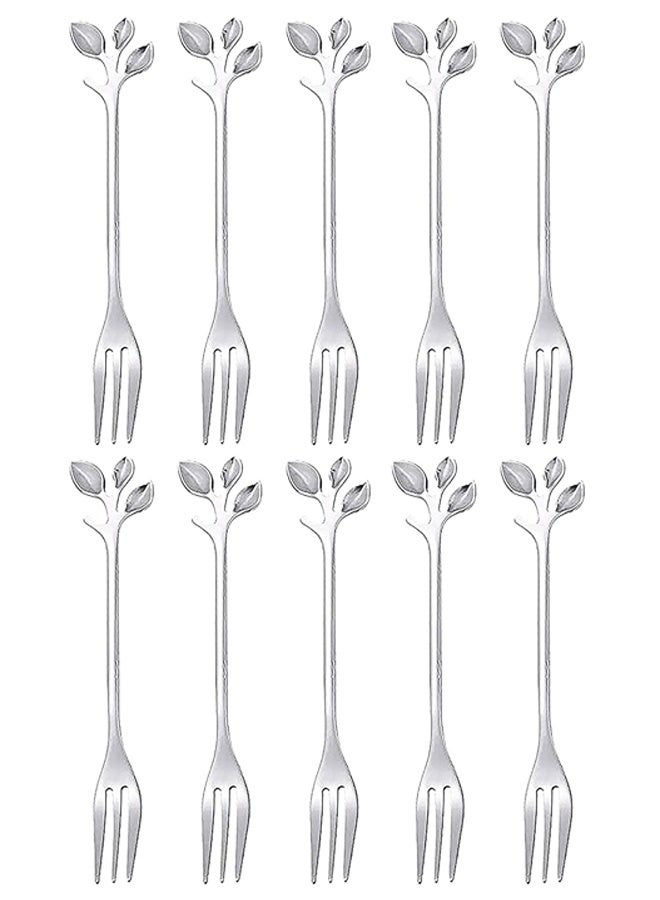 10-Piece Silver Mini Leaf Dessert Forks Set - 4.7" Elegant Stainless Steel Fruit, Appetizer, Cake & Salad Forks - Image 1
