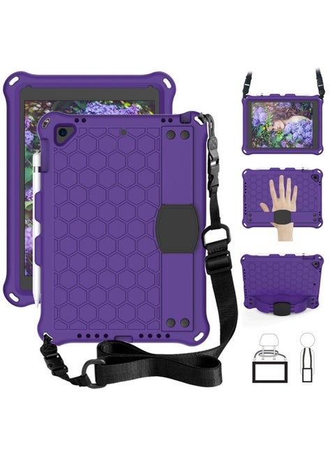 2025iPad11 Honeycomb Protective Case IPad 9.7 Tablet Case 10.2 Strap Protective Case-Color:Purple (plus Strap)-Applicable Model:Tab A 10.1 T510/515(2019)