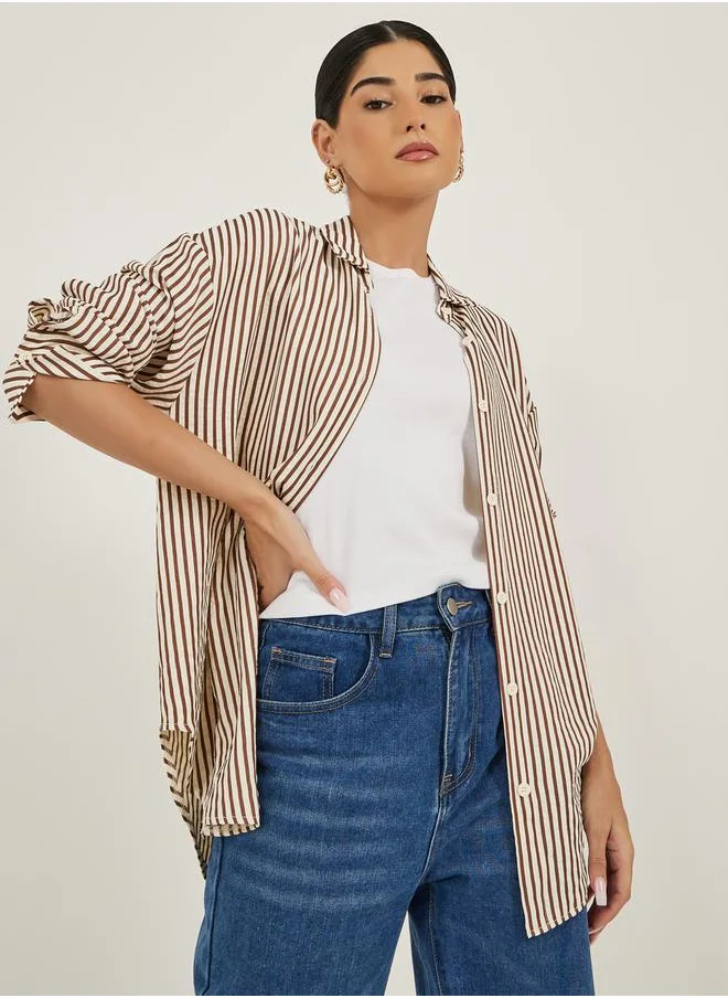ستايلي Textured Striped Spread Collar Oversized Shirt