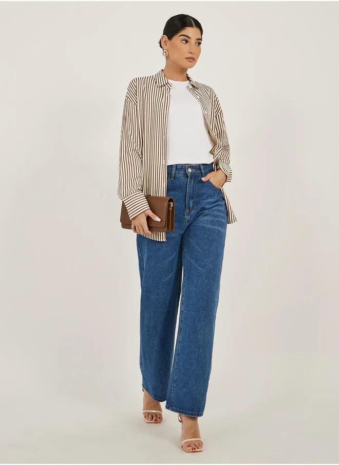 ستايلي Textured Striped Spread Collar Oversized Shirt