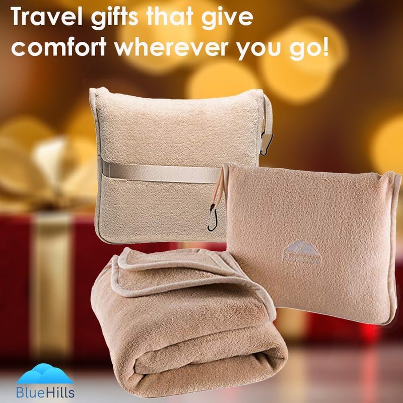 BlueHills Premium Soft Travel Blanket Pillow Airplane Blanket Packed in Soft Bag Pillowcase with Hand Luggage Belt Backpack Clip Compact Pack Large Portable Flight Throw Beige T005 - Image 2
