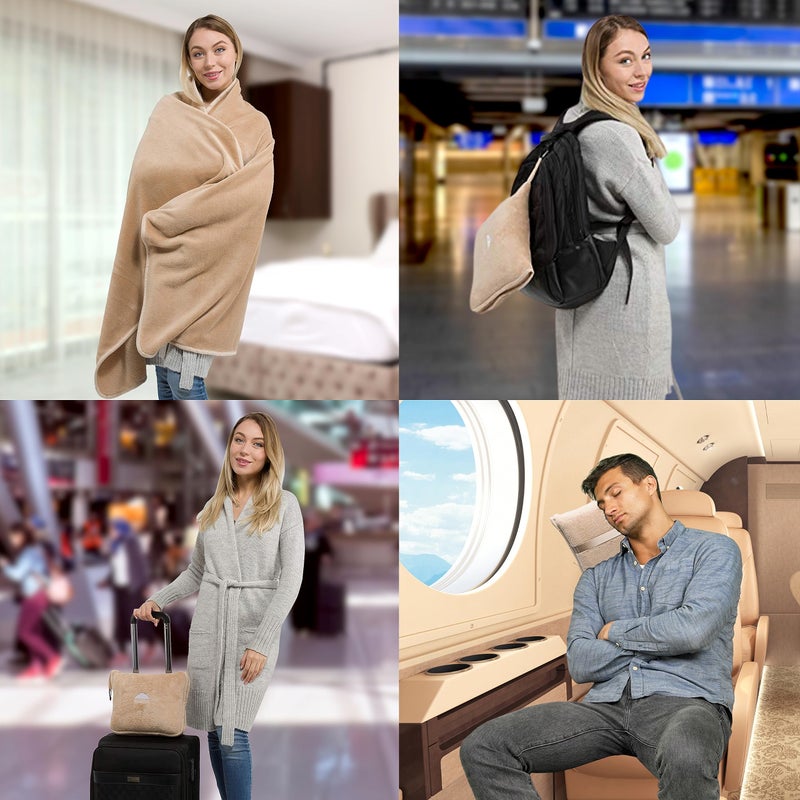 BlueHills Premium Soft Travel Blanket Pillow Airplane Blanket Packed in Soft Bag Pillowcase with Hand Luggage Belt Backpack Clip Compact Pack Large Portable Flight Throw Beige T005 - Image 3