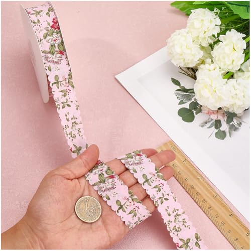 CABODYALS 20 Yards Pink Floral Print Ribbon Vintage Flower Pattern Ribbon Spring Polyester Wavy Edge Fabric Ribbons with Spool for Sewing Making Craft Wedding Party Birthday Gift Wrapping Christmas - Image 4