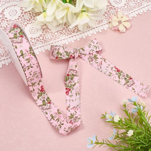 CABODYALS 20 Yards Pink Floral Print Ribbon Vintage Flower Pattern Ribbon Spring Polyester Wavy Edge Fabric Ribbons with Spool for Sewing Making Craft Wedding Party Birthday Gift Wrapping Christmas - Image 3