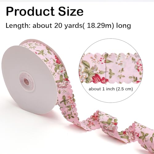 CABODYALS 20 Yards Pink Floral Print Ribbon Vintage Flower Pattern Ribbon Spring Polyester Wavy Edge Fabric Ribbons with Spool for Sewing Making Craft Wedding Party Birthday Gift Wrapping Christmas - Image 2