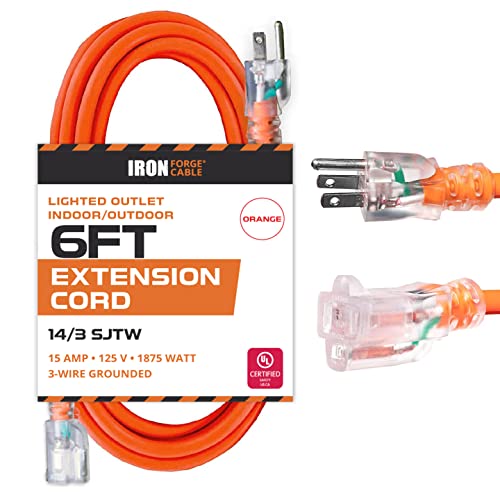Iron Forge Cable Weatherproof 6 Ft Outdoor Extension Cord - 14/3 SJTW 15 Amp Heavy Duty Orange Extension Cord 3 Prong - Lighted End - Image 1