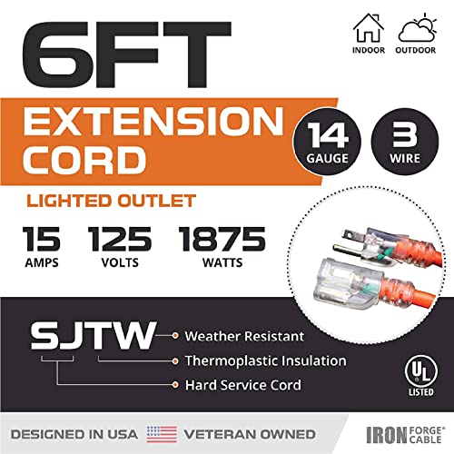 Iron Forge Cable Weatherproof 6 Ft Outdoor Extension Cord - 14/3 SJTW 15 Amp Heavy Duty Orange Extension Cord 3 Prong - Lighted End - Image 2