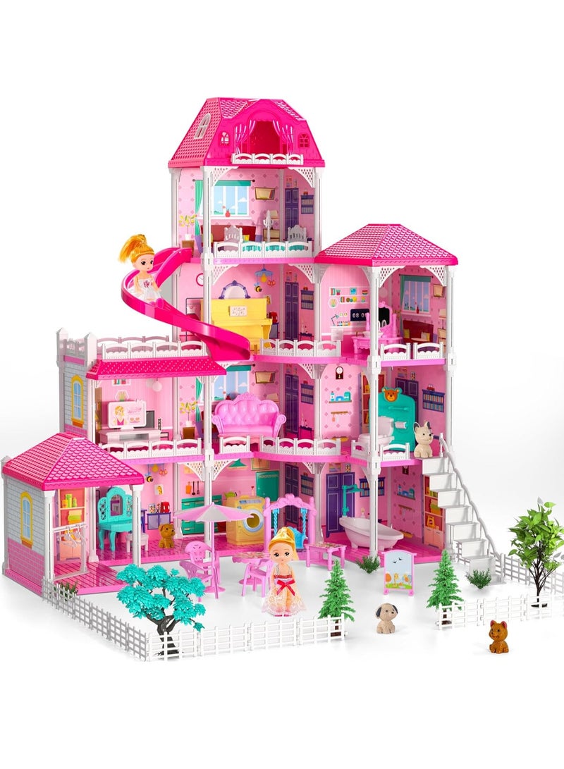 Gonice Doll House, Dream Doll House Furniture Pink Girl Toys, 4 Stories 10 Rooms Dollhouse with 2 Princesses Slide Accessories, Toddler Playhouse Gift for for 3 4 5 6 7 8 9 10 Year Old Girls Toys  - Image 1