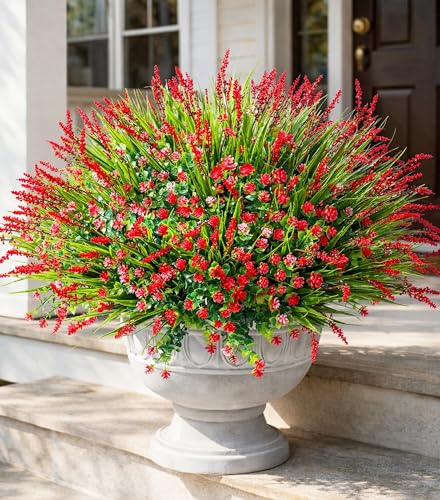 HyeFlora 20 Bundles Artificial Fake Outdoor Plants Flowers for Spring Decoration UV Resistant Realistic Red Plastic Flowers Faux Plant Monkey Grass for Planter Home Garden Porch Patio Window Box - Image 1