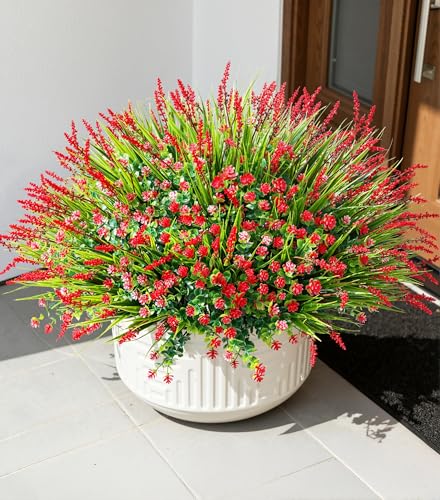 HyeFlora 20 Bundles Artificial Fake Outdoor Plants Flowers for Spring Decoration UV Resistant Realistic Red Plastic Flowers Faux Plant Monkey Grass for Planter Home Garden Porch Patio Window Box - Image 3