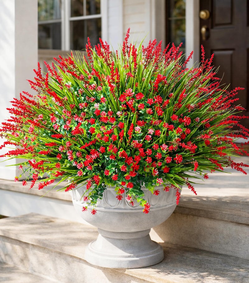 HyeFlora 20 Bundles Artificial Fake Outdoor Plants Flowers for Spring Decoration UV Resistant Realistic Red Plastic Flowers Faux Plant Monkey Grass for Planter Home Garden Porch Patio Window Box - Image 2