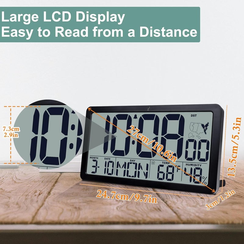 QINYUNE Atomic Wall Clock Battery Operated,10.5 inch Digtial Desk Clock with Temperature and Humidity,Self-Setting Alarm Clocks with 57 Ringtones,Auto DST, Large LCD Display for Seniors Batteries Included - Image 5