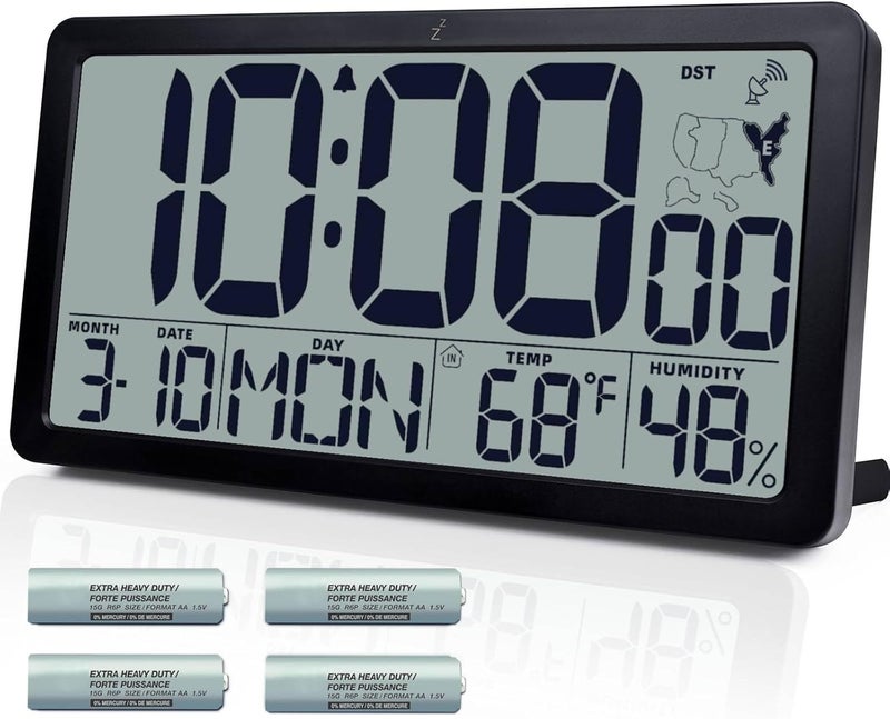 QINYUNE Atomic Wall Clock Battery Operated,10.5 inch Digtial Desk Clock with Temperature and Humidity,Self-Setting Alarm Clocks with 57 Ringtones,Auto DST, Large LCD Display for Seniors Batteries Included - Image 1