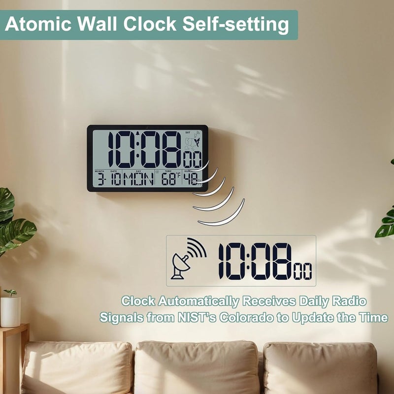 QINYUNE Atomic Wall Clock Battery Operated,10.5 inch Digtial Desk Clock with Temperature and Humidity,Self-Setting Alarm Clocks with 57 Ringtones,Auto DST, Large LCD Display for Seniors Batteries Included - Image 2