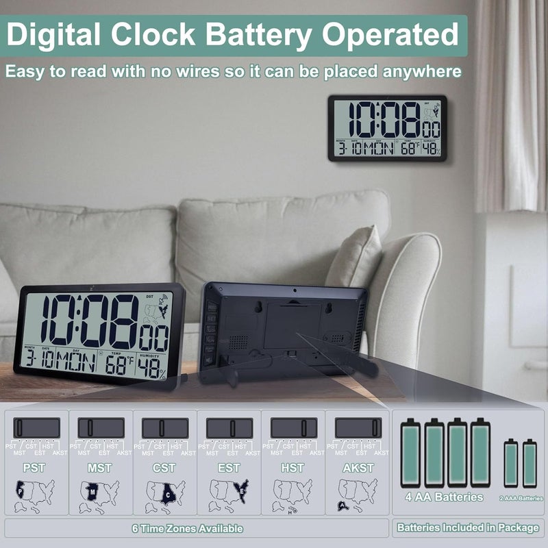 QINYUNE Atomic Wall Clock Battery Operated,10.5 inch Digtial Desk Clock with Temperature and Humidity,Self-Setting Alarm Clocks with 57 Ringtones,Auto DST, Large LCD Display for Seniors Batteries Included - Image 3
