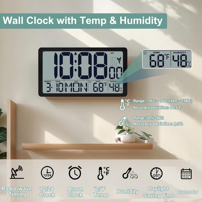 QINYUNE Atomic Wall Clock Battery Operated,10.5 inch Digtial Desk Clock with Temperature and Humidity,Self-Setting Alarm Clocks with 57 Ringtones,Auto DST, Large LCD Display for Seniors Batteries Included - Image 4
