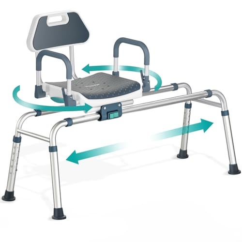 PELEGON Sliding Shower Chair Tub Transfer Bench with Swivel Seat Shower Bench for Elderly and Disabled with Security Belt 360 Rotation Slides and Rotates Adjustableone Touch Slide Button Dark Blue - Image 2