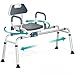 PELEGON Sliding Shower Chair Tub Transfer Bench with Swivel Seat Shower Bench for Elderly and Disabled with Security Belt 360 Rotation Slides and Rotates Adjustableone Touch Slide Button Dark Blue - Image 1