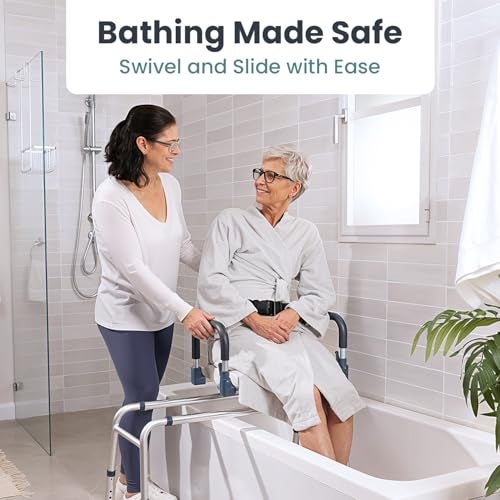 PELEGON Sliding Shower Chair Tub Transfer Bench with Swivel Seat Shower Bench for Elderly and Disabled with Security Belt 360 Rotation Slides and Rotates Adjustableone Touch Slide Button Dark Blue - Image 5
