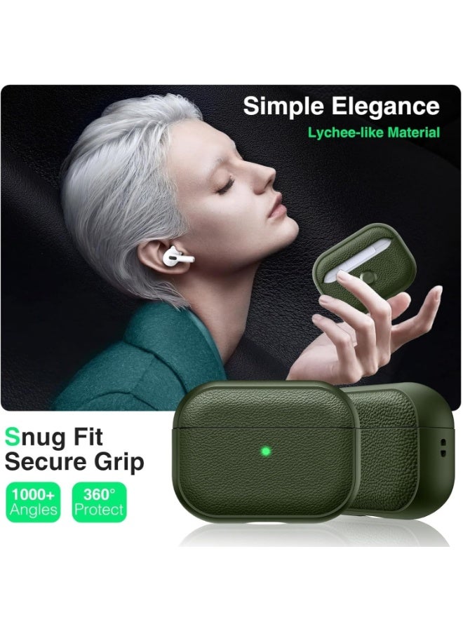 ألترون غطاء ALTRONE متوافق مع AirPods Pro 3 (2025)، جراب واقٍ مقاوم للصدمات من مادة TPU والليتشي والجلد الصناعي مع سلسلة مفاتيح - لـ AirPods Pro / AirPods 3 Pro - أخضر عسكري - Image 2