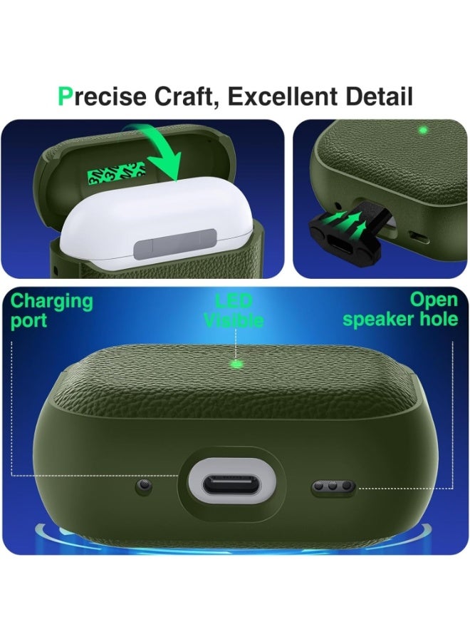 ألترون غطاء ALTRONE متوافق مع AirPods Pro 3 (2025)، جراب واقٍ مقاوم للصدمات من مادة TPU والليتشي والجلد الصناعي مع سلسلة مفاتيح - لـ AirPods Pro / AirPods 3 Pro - أخضر عسكري - Image 3
