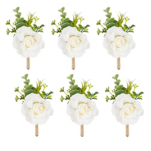 Meldel Ivory Rose Boutonniere for Men,Set of 6,Groom and Best Man Boutonnieres with Artificial Flower,for Wedding Ceremony Anniversary, Formal Dinner Party, Fall Vintage Rustic Marriage Prom - Image 1