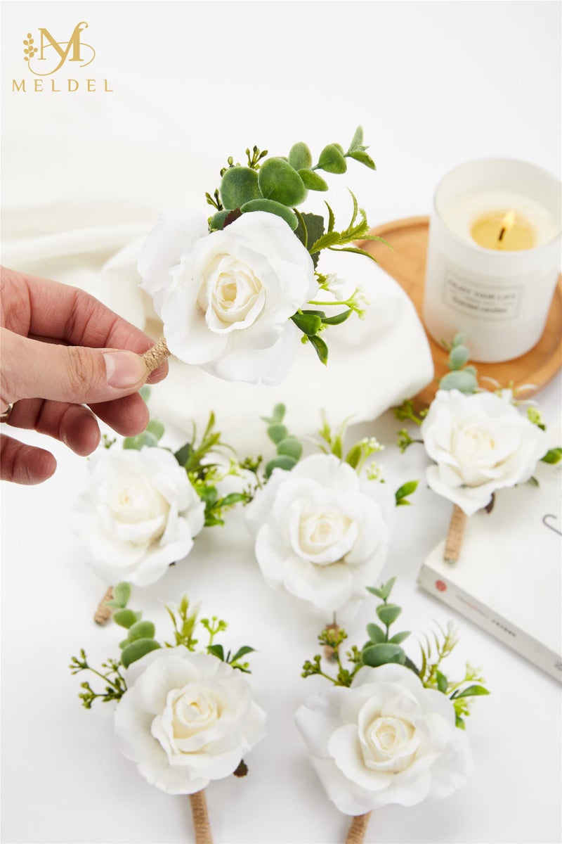 Meldel Ivory Rose Boutonniere for Men,Set of 6,Groom and Best Man Boutonnieres with Artificial Flower,for Wedding Ceremony Anniversary, Formal Dinner Party, Fall Vintage Rustic Marriage Prom - Image 4