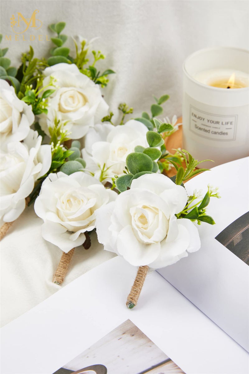 Meldel Ivory Rose Boutonniere for Men,Set of 6,Groom and Best Man Boutonnieres with Artificial Flower,for Wedding Ceremony Anniversary, Formal Dinner Party, Fall Vintage Rustic Marriage Prom - Image 5