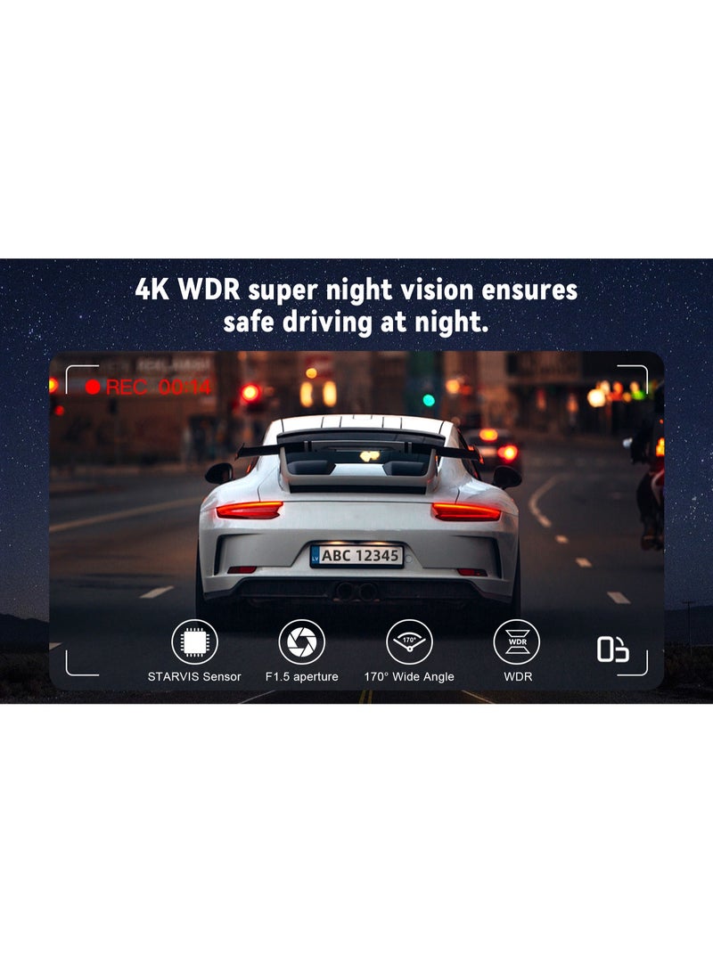 Dash Cam Front Rear, 4K/1080P Full HD Dash Camera ,3.2 Inch, 128GB Card, Built-in Wi-Fi GPS,Night Vision, WDR Video Recorder - Image 3