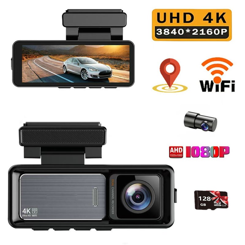 Dash Cam Car 4k Front and 1080P Rear - 3.2 Inch, 128GB Card, Car Dash Camera Built-in GPS WiFi, Night Vision, WDR Video Recorder - Image 1