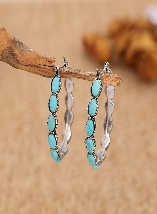 Pingyongchang Natural Turquoise Dangle Metal Large Oval Earrings Vintage Statement Teardrop Earrings Bohemian Delicate Hoop Earrings for Women(O) - Image 3