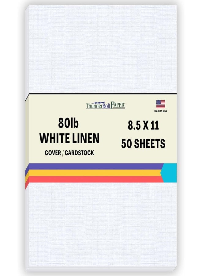 ThunderBolt Paper 50 White Linen 80# Cover Paper Sheets - 8.5" X 11" (8.5X11 Inches) Standard Letter|Flyer Size - 80 lb/pound Card Weight - Fine Linen Textured Finish - Image 1