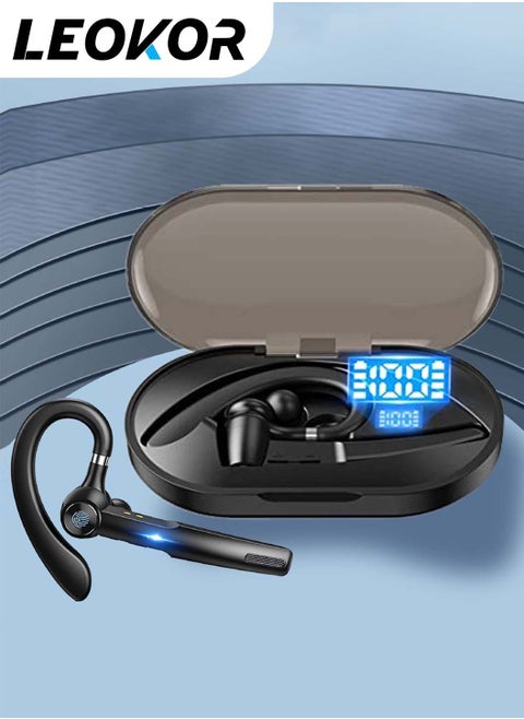 Single Ear Bluetooth Microphone,Wireless Bluetooth Earpiece V5.3,With Noise Canceling Mic,Hands-Free Caller Voice Announce,Connect 2 Device,Black(Headphones and Charging Case)