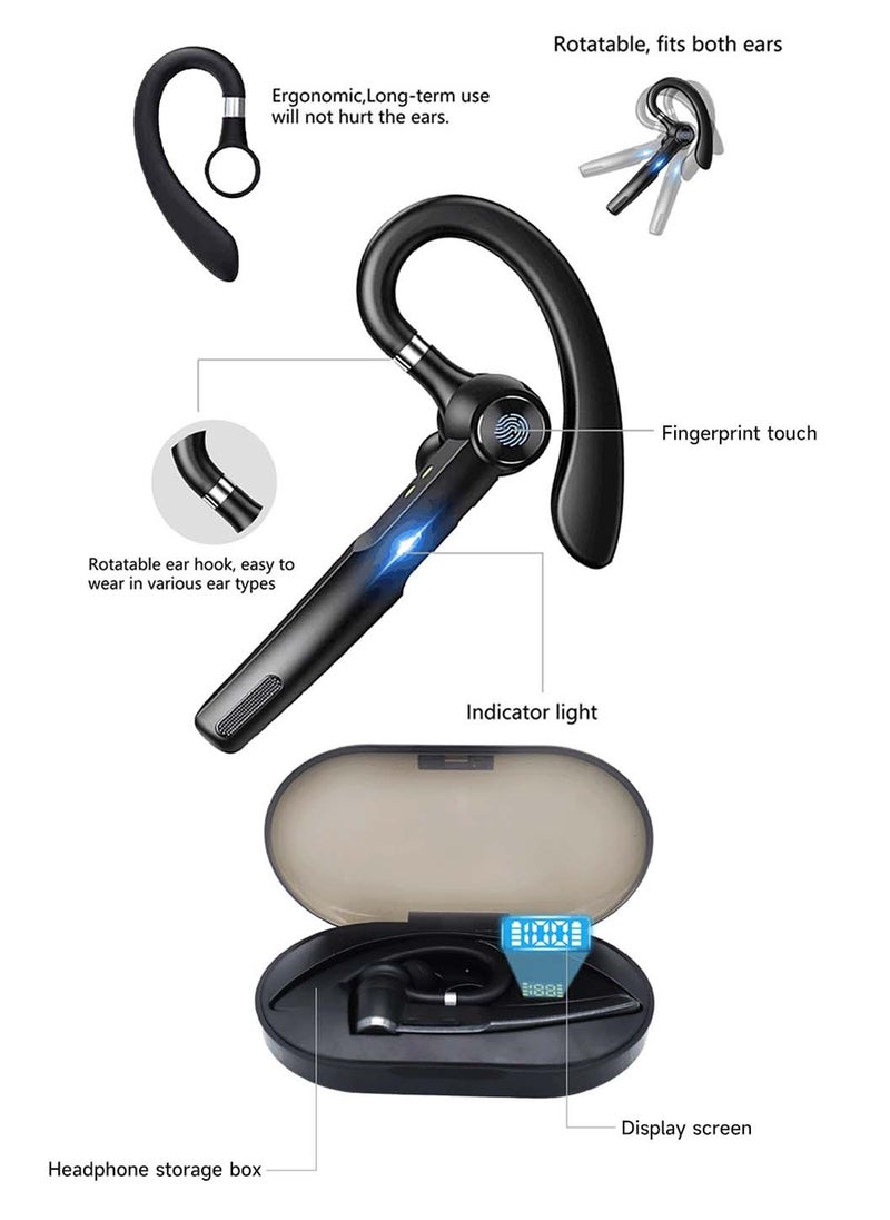 Single Ear Bluetooth Microphone,Wireless Bluetooth Earpiece V5.3,With Noise Canceling Mic,Hands-Free Caller Voice Announce,Connect 2 Device,Black(Headphones and Charging Case)