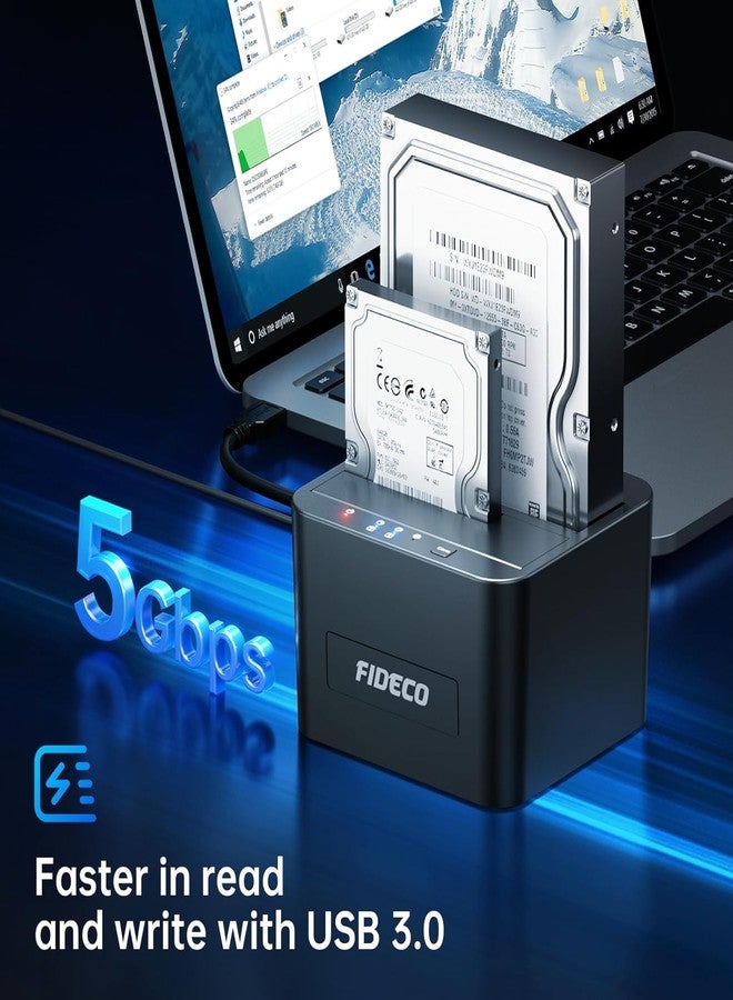 فيديكو محطة إرساء محركات الأقراص الصلبة FIDECO، محطة إرساء محركات الأقراص الصلبة USB 3.0 لمحركات الأقراص الصلبة SATA HDD/SSD مقاس 2.5 و3.5 بوصة، دعم النسخ الاحتياطي دون اتصال بالإنترنت في فتحتين - Image 2