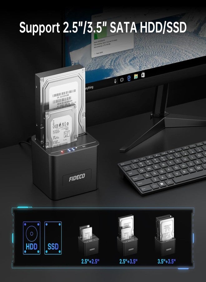 فيديكو محطة إرساء محركات الأقراص الصلبة FIDECO، محطة إرساء محركات الأقراص الصلبة USB 3.0 لمحركات الأقراص الصلبة SATA HDD/SSD مقاس 2.5 و3.5 بوصة، دعم النسخ الاحتياطي دون اتصال بالإنترنت في فتحتين - Image 4