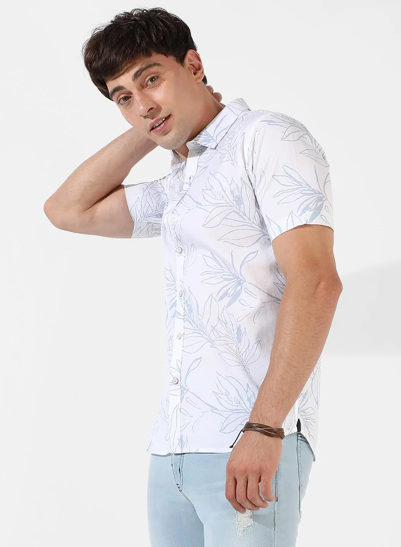 Campus Sutra Men's White Printed Regular Fit Casual Shirt