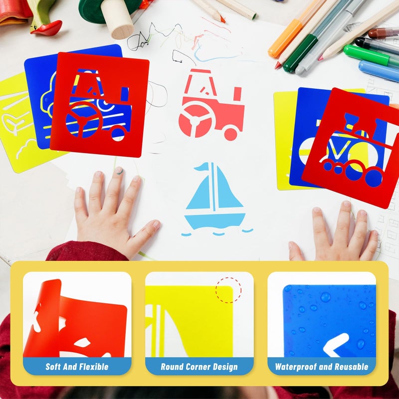 YETOOME 24 Pieces Stencils for Kids, 5.9 x 5.5 Inches Chalk Drawing Stencils, Large Washable Vehicles Themed Primary Shape Template for Kids Toddlers Preschooler - Image 5