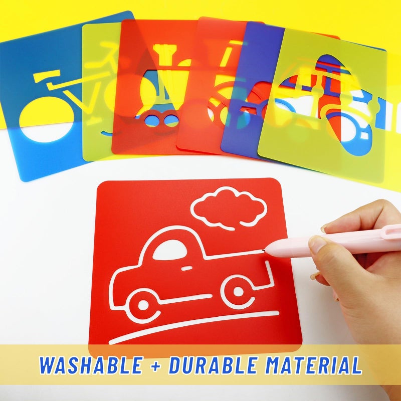 YETOOME 24 Pieces Stencils for Kids, 5.9 x 5.5 Inches Chalk Drawing Stencils, Large Washable Vehicles Themed Primary Shape Template for Kids Toddlers Preschooler - Image 3