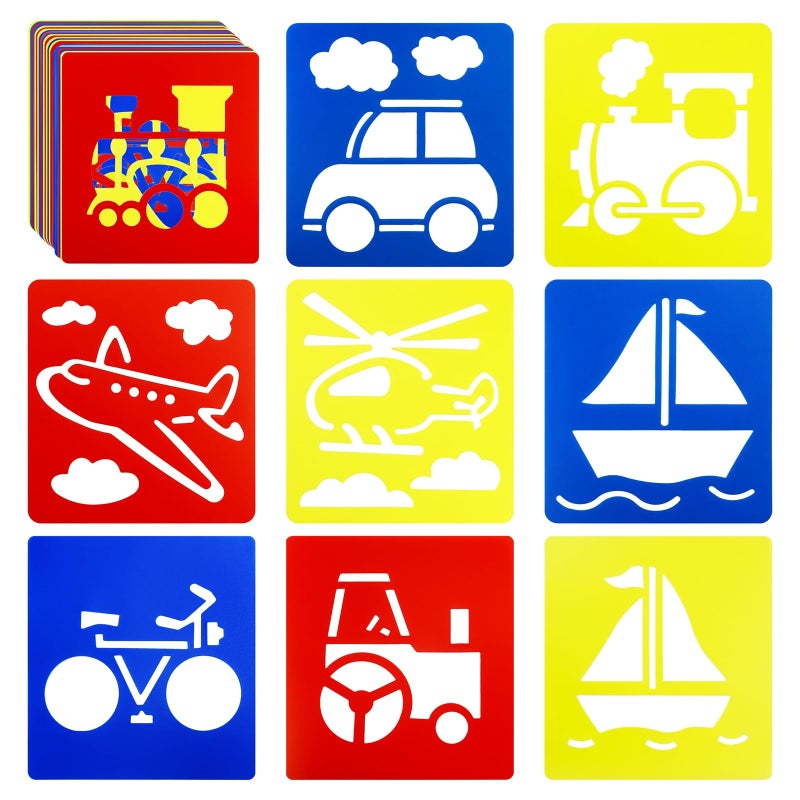 YETOOME 24 Pieces Stencils for Kids, 5.9 x 5.5 Inches Chalk Drawing Stencils, Large Washable Vehicles Themed Primary Shape Template for Kids Toddlers Preschooler - Image 1