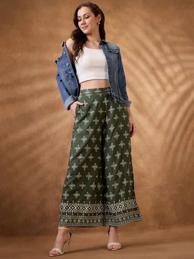 globus Women Green Ethnic Print Mid Rise Wide Leg Fusion Pant