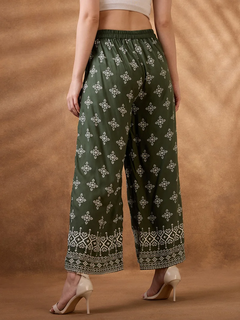 globus Women Green Ethnic Print Mid Rise Wide Leg Fusion Pant