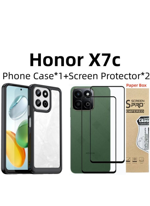 [1+2 Sets] For Honor X7c Case & Screen Protector Transparent Frame Protective Cover with 2 Tempered Glass Screen Protector