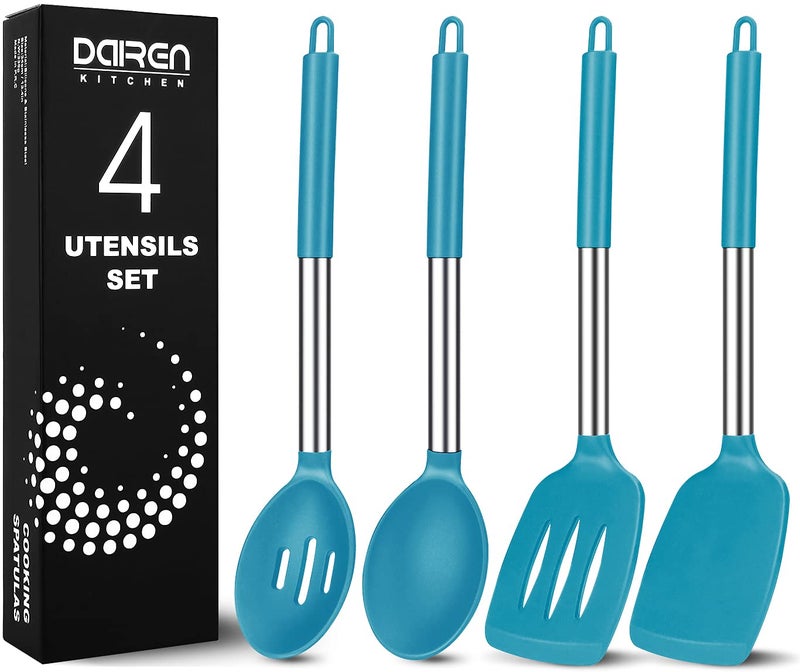 Pack of 4 Large Silicone Cooking Spatulas and Spoons Slotted and Solid Stainless Steel Cooking Utensils Set Nonstick Heat Resistant Kitchen for Baking Fried StirFry Mixing Serving Blue