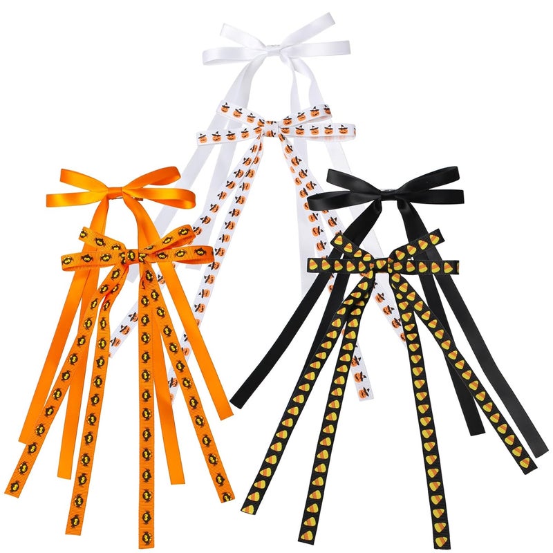 6 Pcs Halloween Bow Hair Clips for Women Girls Halloween Hair Clips Pumpkin Spider Candy Hair Clip Long Tail Ribbon Hair Bow Clips Ponytail Holder Bow Barrette Clip