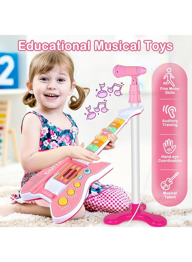 دياو طقم جيتار وميكروفون للأطفال مع حامل قابل للتعديل الارتفاع وموسيقى وإضاءة وموسيقى كاريوكي وألعاب هدايا عيد الميلاد للأطفال الأولاد والبنات (وردي) - Image 3