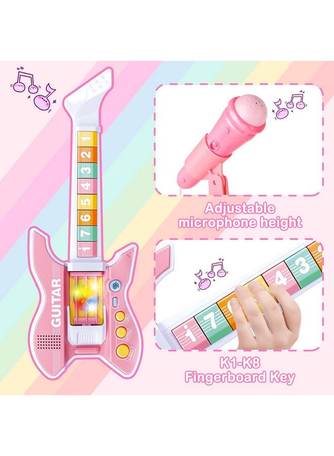 دياو طقم جيتار وميكروفون للأطفال مع حامل قابل للتعديل الارتفاع وموسيقى وإضاءة وموسيقى كاريوكي وألعاب هدايا عيد الميلاد للأطفال الأولاد والبنات (وردي) - Image 2