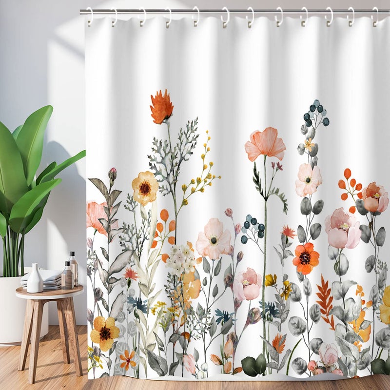 LIVILAN Floral Shower Curtain for Bathroom  Colorful Wildflower Fabric Curtain with 12 Hooks Decorative Machine Washable 72 W x 84 H