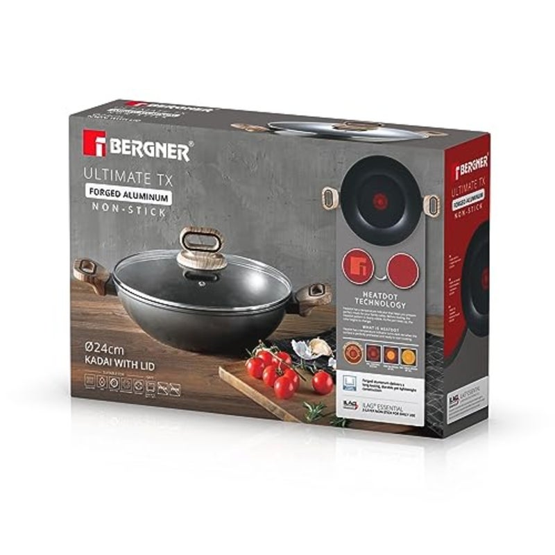 ULTIMATE TX ألومنيوم مزورة KADAI + غطاء 24 سم للطهي، رمادي، قاعدة حثية بتقنية HEATDOT - Image 5